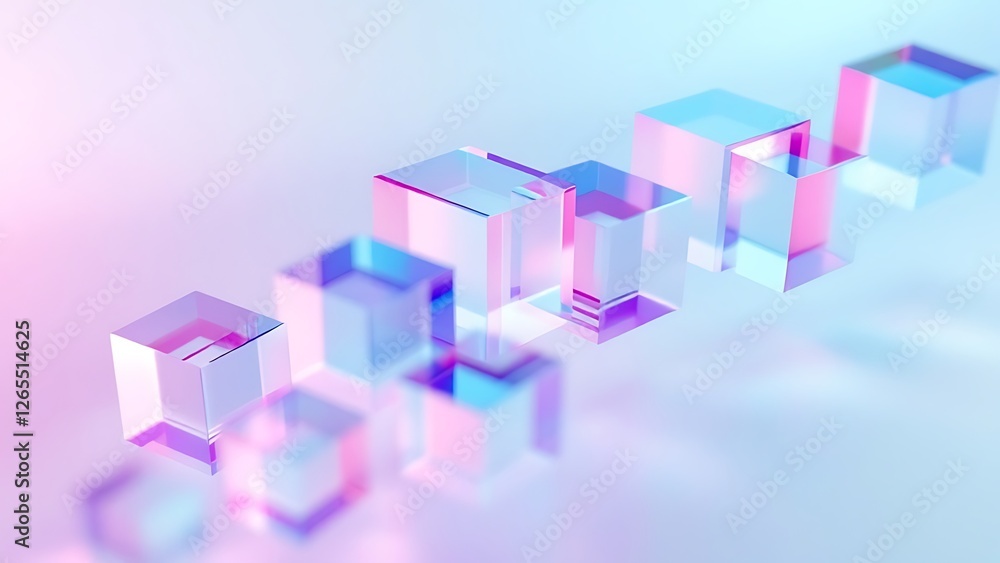 Poster 3d set of crystal light holographic glass cube render icons. abstract geometric transparent block sh