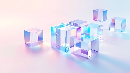 Obraz premium 3d set of crystal light holographic glass cube render icons. Abstract geometric transparent block shapes with hologram gradient and dispersion effect. Isolated glossy square objects. 3D illustration