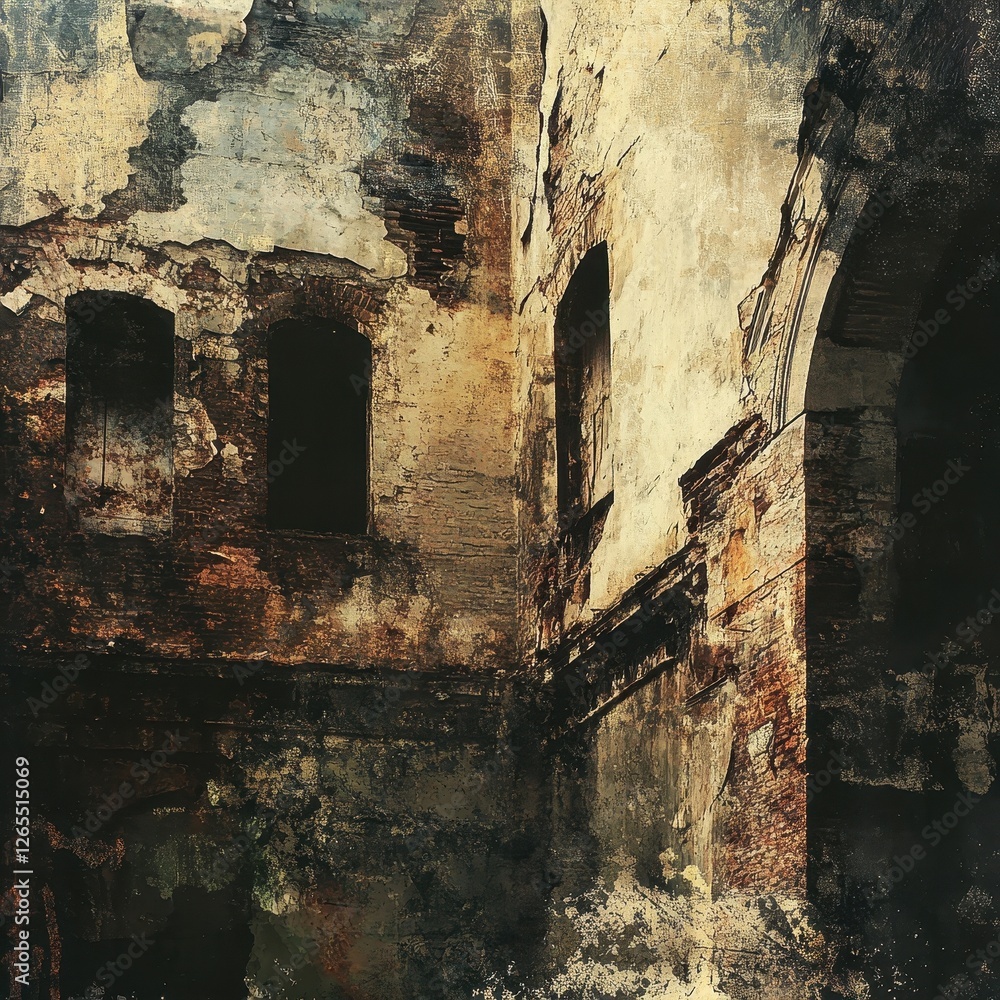 Poster decaying brick building corner with two dark window openings