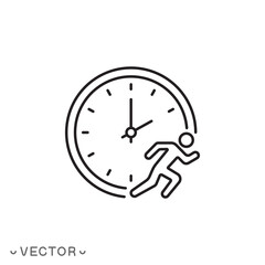 time management icon, running businessman and clock circle, busy schedule career, organize hours work, rush job deadline, thin line symbol concept isolated on white background, stroke eps 10 vector