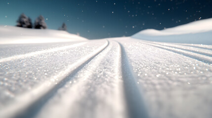Snowy trail under a dark blue sky with stars. Winter landscape, snowy field, and evergreen trees on the horizon. Winter season concept.