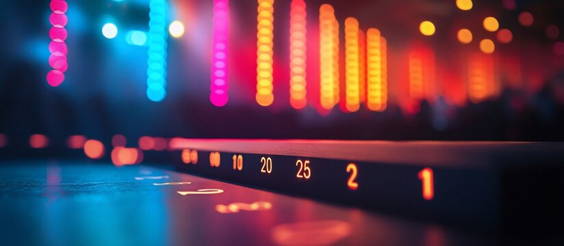 Vibrant nightclub scene with illuminated bar counter and colorful lights in the background