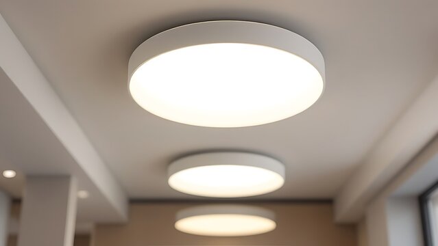 Spotlights recessed ceiling 3D render. Realistic interior room with round glowing downlights at night. Artificial lighting, LED lamps for home or office on dark background, angle view