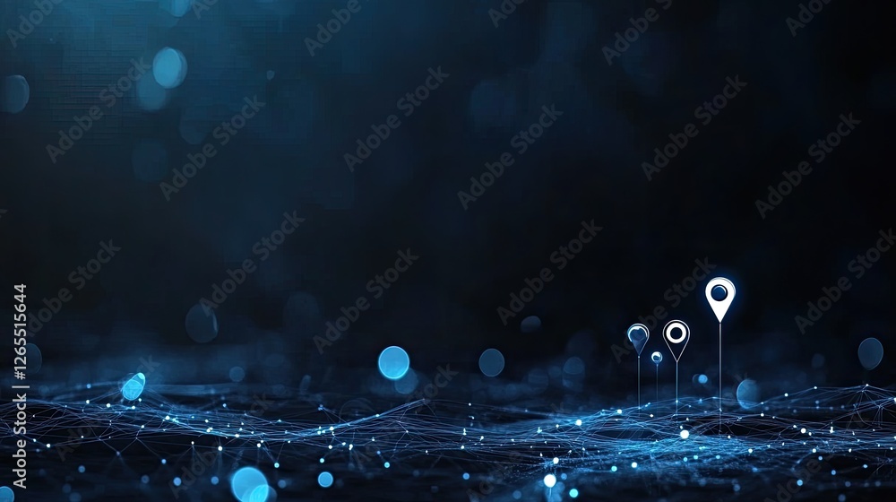 Poster glowing map pins and route lines form a vibrant digital backdrop, illustrating location tracking wit
