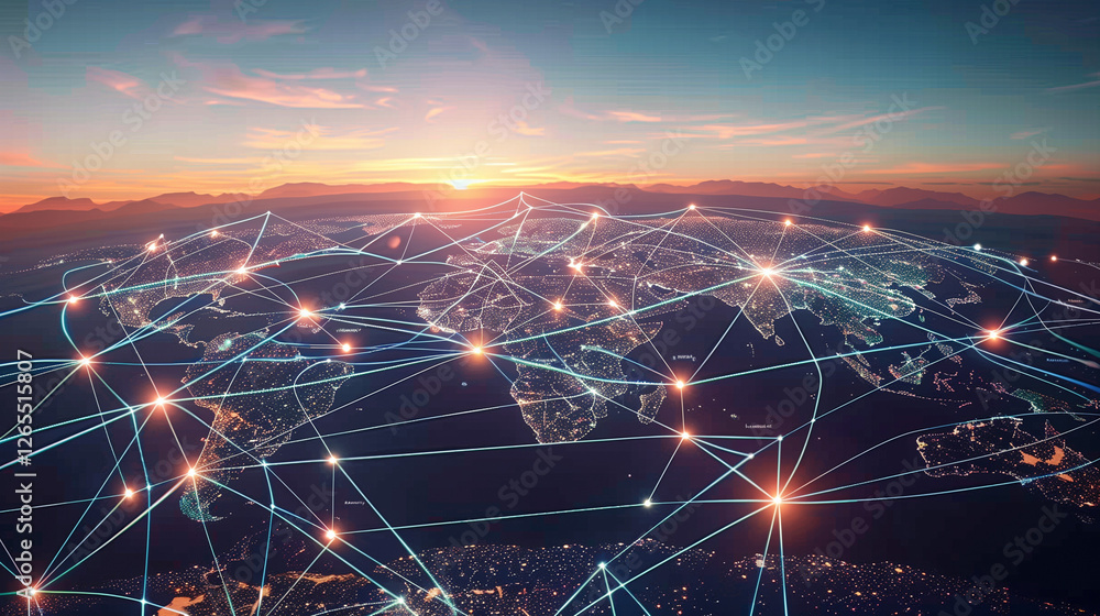 Poster World Map with Glowing Network Connections at Sunset. Top View of Earth with Luminous Links Between Cities, Representing Worldwide Communication and Data Exchange.