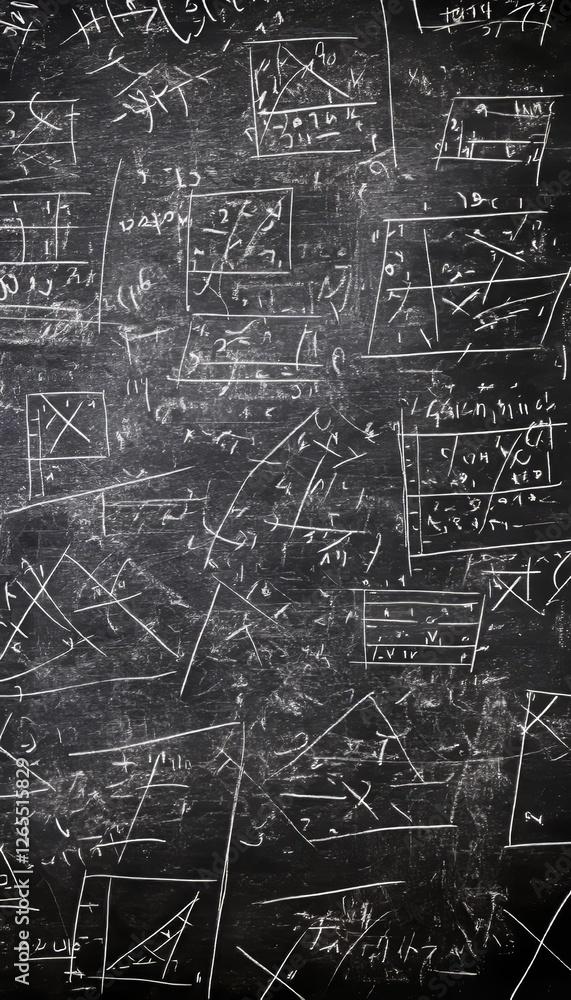 Poster abstract science, physics, and math background with white mathematical equations on a blackboard