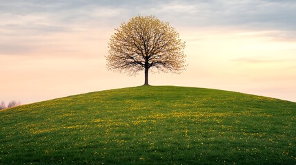 Obraz premium Solitary Tree on a Hill of Dandelions at Sunset