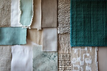 Close-Up of a Photography Mood Board for Interior Design with Various Textures and Fabrics, Featuring a Modern Blend of Neutral, Soft, and Earthy Tones, Perfect for Home Decor Inspiration and Textile.
