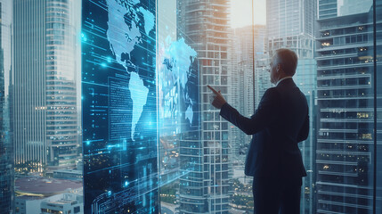 Business executive analyzing global data on a futuristic digital screen in a modern high-tech office overlooking a smart city skyline representing innovation cyber intelligence and corporate strategy