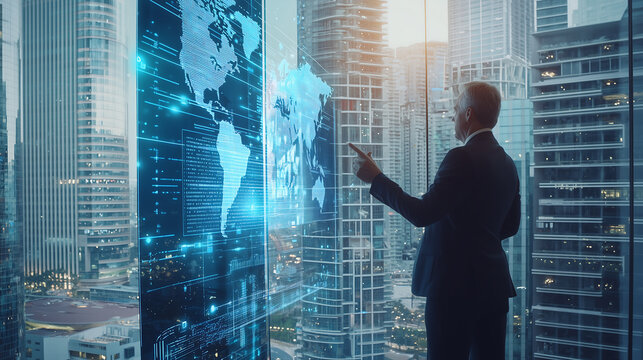 Business executive analyzing global data on a futuristic digital screen in a modern high-tech office overlooking a smart city skyline representing innovation cyber intelligence and corporate strategy