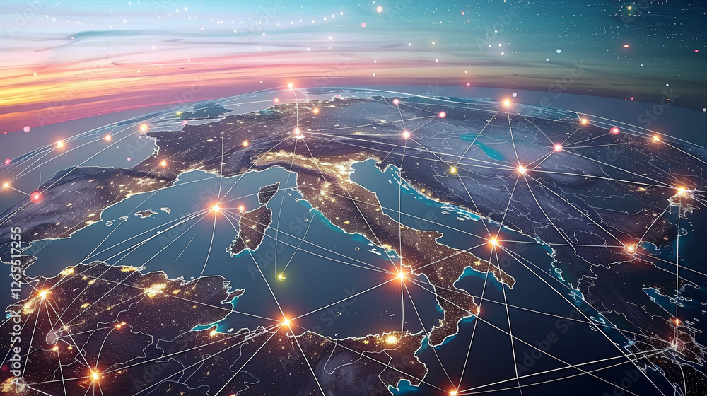 Poster world map with glowing network connections at sunset. top view of earth with luminous links between 