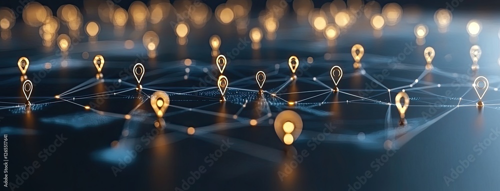 Poster visual concept showcasing a global network with location pins over a digital map, emphasizing techno