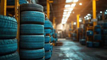 Warehouse tire stacks, recycling, industry, storage