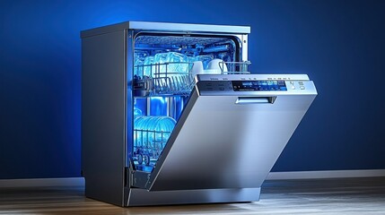 Modern dishwasher open, clean dishes inside, lit interior, blue wall background