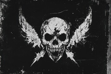 White skull with abstract wings on a black background
