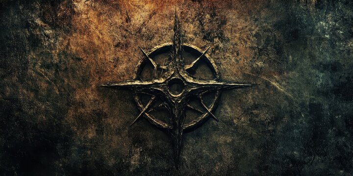 Ornate emblem with circle and spikes on distressed background - Powered by Adobe