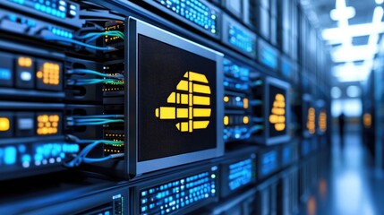 Close-up of a network switch with white cables in a data center, blue light, and blurred figures in a high-tech setting