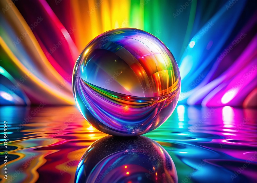 Poster abstract rainbow sphere: 3d rendered glossy rotating wired orb with dispersion effect