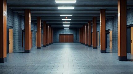 Long Dark Industrial Corridor with Wooden Columns and Concrete Walls