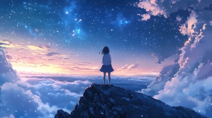 Fototapeta premium Girl on clifftop gazes at starry night sky above clouds