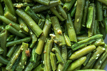 close-up of green beans randomly arranged