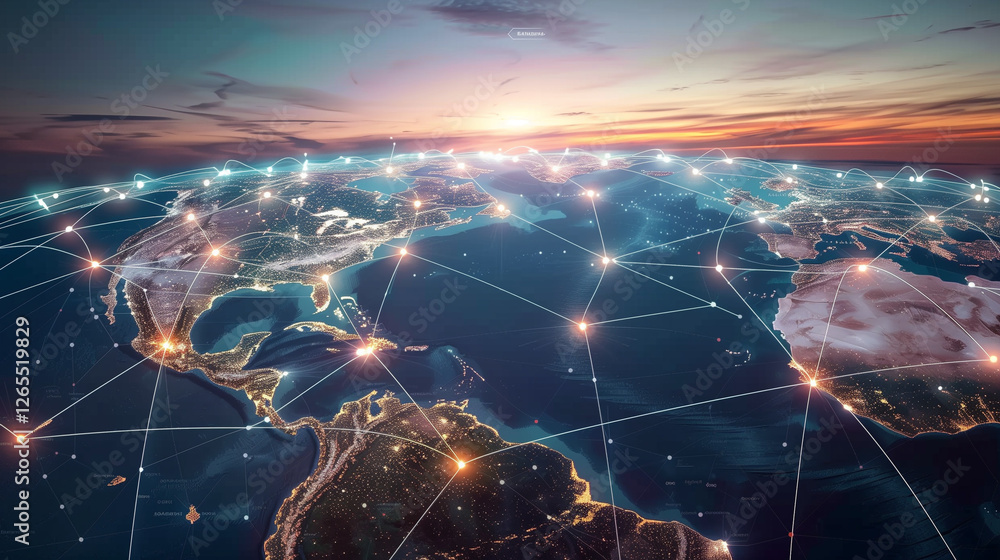 Poster world map with glowing network connections at sunset. top view of earth with luminous links between 
