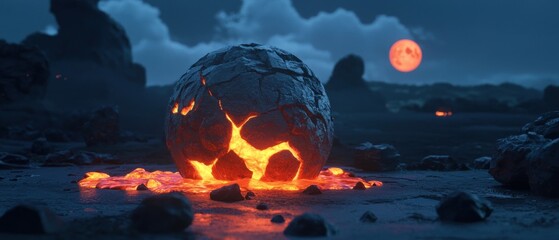 A fiery orb of lava, cracked and glowing, sits on a rocky terrain with a red moon in the background.