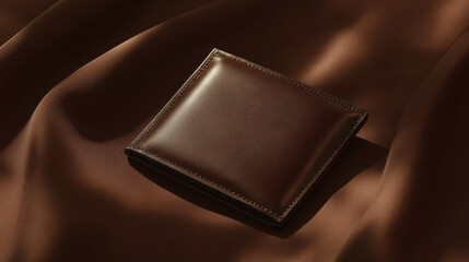 Naklejka premium A luxury leather wallet in deep mahogany brown, placed against a smooth, monochrome backdrop