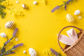 Easter eggs, flowers, and a basket with bunny ears arranged on a yellow backdrop