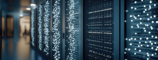 Close-up of a network switch with white cables in a data center, blue light, and blurred figures in a high-tech setting