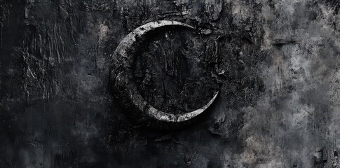 Crescent moon symbol carved into a weathered and dark surface