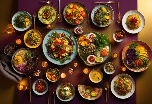 colorful beautifully arranged dishes showcasing diverse dietary preferences vibrant ingredients eye catching presentation, appetizer, breakfast, buffet