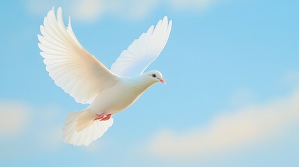 A bright dove flying against a soft blue sky, symbolizing the Holy Spirit.
