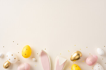 A variety of pastel and metallic Easter eggs with bunny ears on a soft beige background, with...