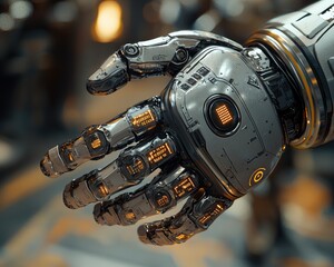 Futuristic robotic hand,  close-up,  industrial setting,  potential for technology, science fiction,  or product demo