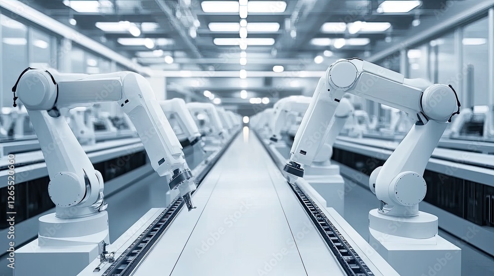 Poster a clean, modern factory floor with interconnected industrial robots in motion.