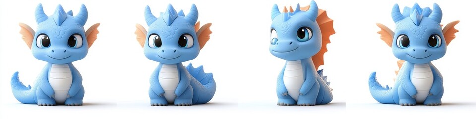 Set of cute little blue dragon creative minimal 3d style isolated white background, remove background