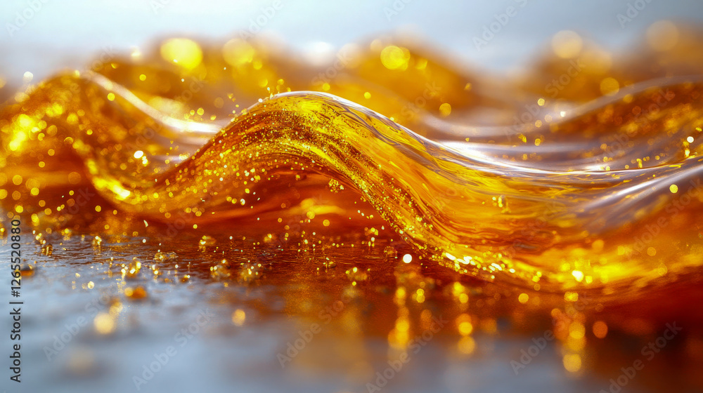 Poster a dynamic splash of golden liquid with glowing bokeh lights, creating a luxurious, abstract aestheti