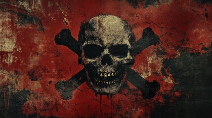Distressed skull and crossbones painted on a weathered red background