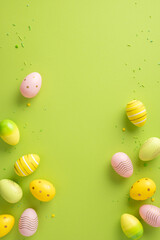 Colorful vertical painted Easter eggs arranged on a green background with seasonal decorations, perfect for holiday themes