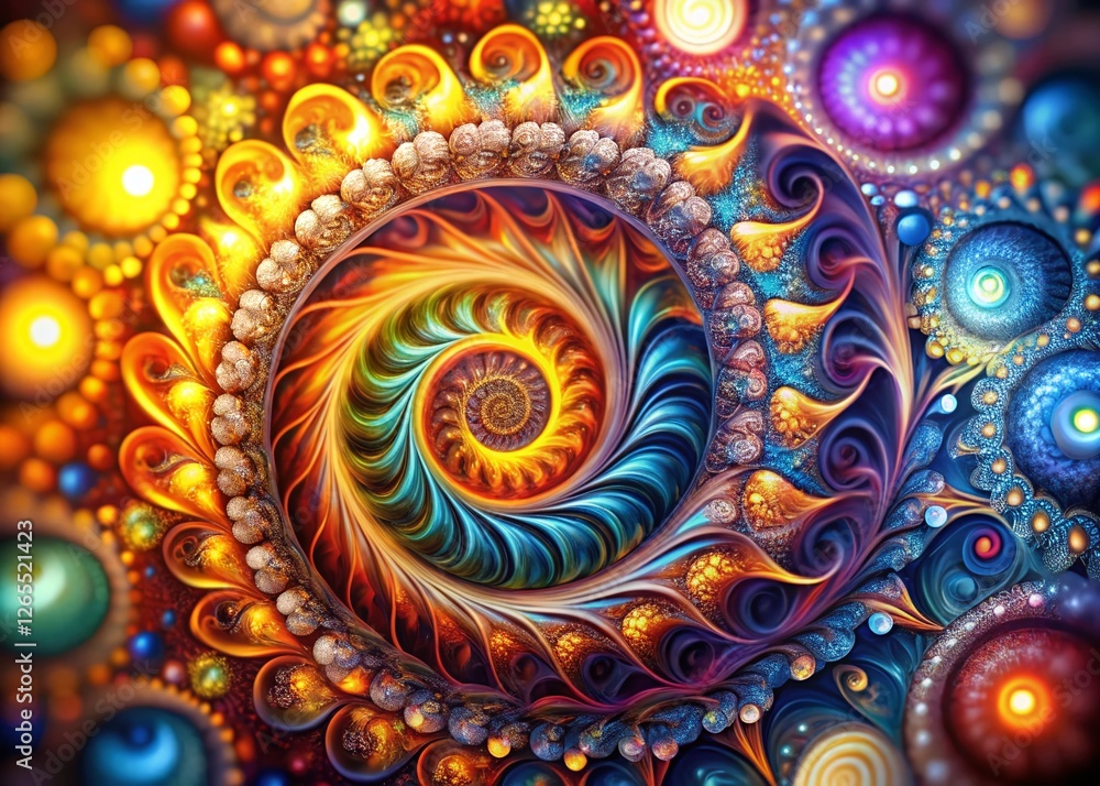 Poster abstract spiral artwork: colorful asymmetrical & symmetrical patterns with bokeh effect
