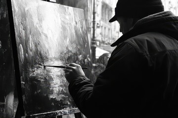 Fototapeta premium An artist is painting a grayscale scenery on a canvas