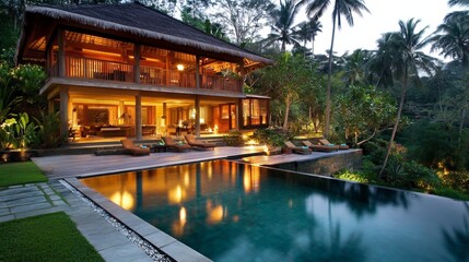 Minimalist tropical villa with pool and garden, embodying serene simplicity and harmony.