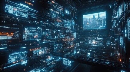 A cybernetic factory with interconnected robotic systems and holographic displays.