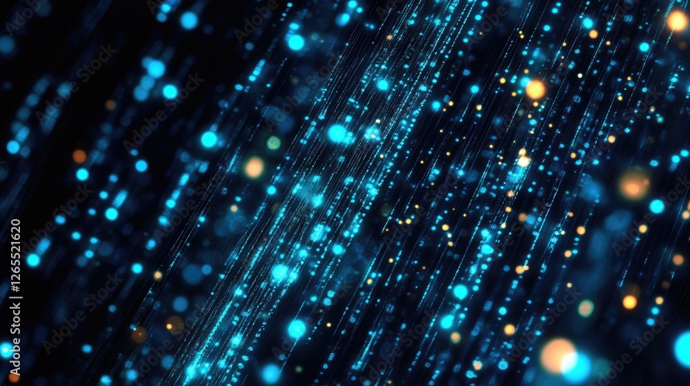 Poster a cyberpunk-themed background with abstract ai-inspired data streams and deep blue lights.