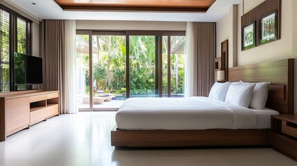 Fototapeta premium Tropical villa with modern bedroom and lush garden, blending clean design and natural serenity.