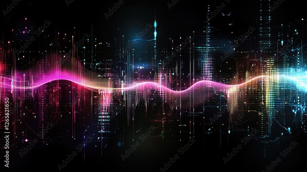 Aufkleber a dark futuristic background with pulsating waveforms and glowing sci-fi elements.