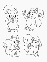 Obraz premium Hand-drawn squirrel outline set featuring various poses, ideal for coloring books and children’s illustrations