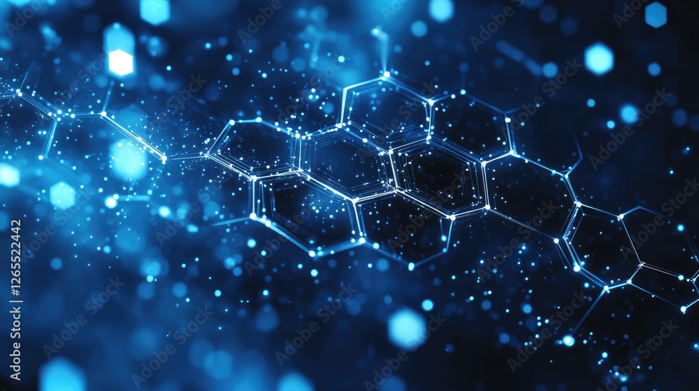 Poster a digital artificial intelligence interface with soft glowing hexagons and deep blue tones.