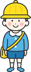 幼稚園の園服を着て、帽子をかぶった、男の子（線画）のイラスト